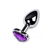 Серебристая коническая анальная пробка с фиолетовым кристаллом-сердечком - 7 см. - ToyFa - купить с доставкой в Камышине