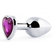 Серебристая анальная пробка с фиолетовым кристаллом-сердечком - 8 см. - Anal Jewelry Plug - купить с доставкой в Камышине