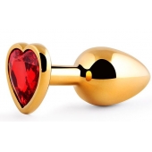 Золотистая анальная пробка с красным стразом-сердечком - 8 см. - Anal Jewelry Plug - купить с доставкой в Камышине