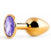 Золотистая анальная пробка с фиолетовым стразом - 7,2 см. - Anal Jewelry Plug - купить с доставкой в Камышине
