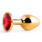 Золотистая анальная пробка с красным стразом - 7,2 см. - Anal Jewelry Plug - купить с доставкой в Камышине