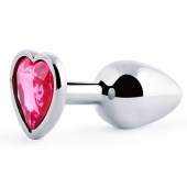 Серебристая анальная пробка с розовым кристаллом-сердечком - 7 см. - Anal Jewelry Plug - купить с доставкой в Камышине