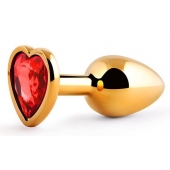 Золотистая анальная пробка с красным стразом-сердечком - 7 см. - Anal Jewelry Plug - купить с доставкой в Камышине