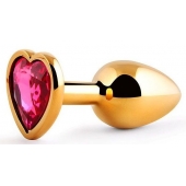 Золотистая анальная пробка с малиновым кристаллом-сердечком - 7 см. - Anal Jewelry Plug - купить с доставкой в Камышине