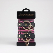 Черные кожаные наручники с розовой строчкой - Crazy Handmade - купить с доставкой в Камышине