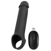 Черная вибронасадка для пениса с хомутом для мошонки и пультом ДУ Remote Controlled Penis Extension - Orion - в Камышине купить с доставкой