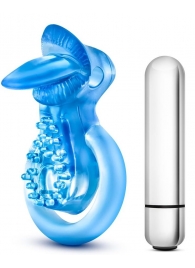 Голубое эрекционное виброкольцо 10 Function Vibrating Tongue Ring - Blush Novelties - в Камышине купить с доставкой