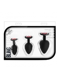 Набор черных анальных пробок с красным кристаллом-сердечком Bling Plugs Training Kit - Blush Novelties - купить с доставкой в Камышине