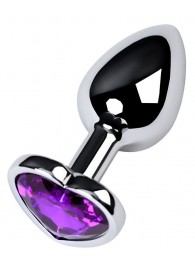 Серебристая коническая анальная пробка с фиолетовым кристаллом-сердечком - 7 см. - ToyFa - купить с доставкой в Камышине