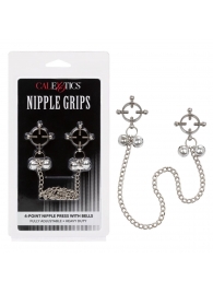 Металлические зажимы для сосков на цепочке Nipple Grips 4-Point Nipple Press with Bells - California Exotic Novelties - купить с доставкой в Камышине