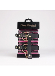 Черные кожаные оковы с розовой строчкой - Crazy Handmade - купить с доставкой в Камышине