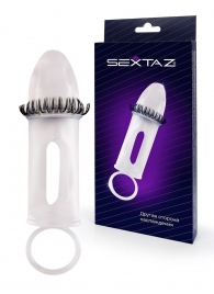 Закрытая насадка на пенис с подхватом мошонки и стимулирующими «ресничками» - Sextaz - в Камышине купить с доставкой