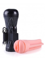 Телесный мастурбатор-вагина в черной колбе с вибрацией - Boys of Toys - в Камышине купить с доставкой