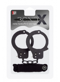 Чёрные наручники из листового металла в комплекте с веревкой BONDX METAL CUFFS LOVE ROPE SET - Dream Toys - купить с доставкой в Камышине