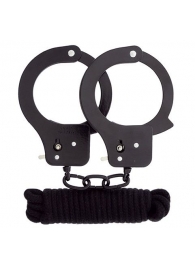 Чёрные наручники из листового металла в комплекте с веревкой BONDX METAL CUFFS LOVE ROPE SET - Dream Toys - купить с доставкой в Камышине