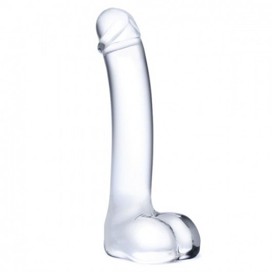 Прозрачный стеклянный фаллос с мошонкой Curved G-Spot - 18 см. - Glas