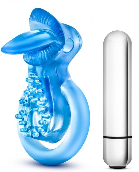 Голубое эрекционное виброкольцо 10 Function Vibrating Tongue Ring - Blush Novelties - в Камышине купить с доставкой