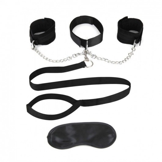 Чёрный ошейник с наручниками и поводком Collar Cuffs   Leash Set - Lux Fetish - купить с доставкой в Камышине