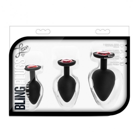 Набор черных анальных пробок с красным кристаллом-сердечком Bling Plugs Training Kit - Blush Novelties - купить с доставкой в Камышине