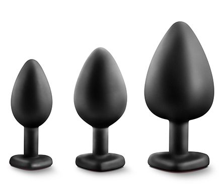 Набор черных анальных пробок с красным кристаллом-сердечком Bling Plugs Training Kit - Blush Novelties - купить с доставкой в Камышине