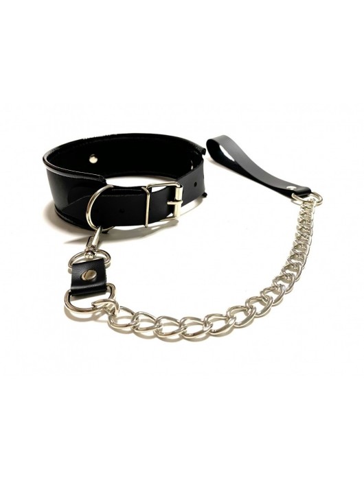 Черный ошейник с поводком из эко-кожи - БДСМ Арсенал - купить с доставкой в Камышине