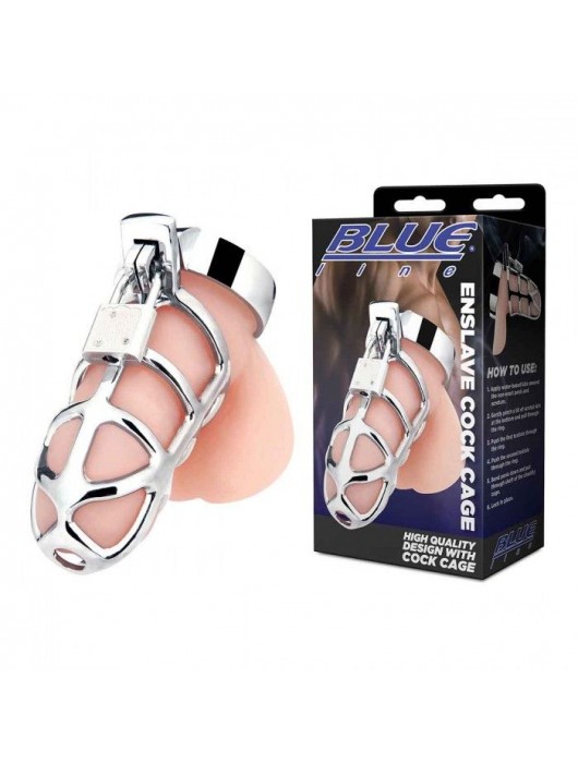 Серебристая металлическая клетка для члена с замком Enslave Cock Cage - BlueLine - купить с доставкой в Камышине