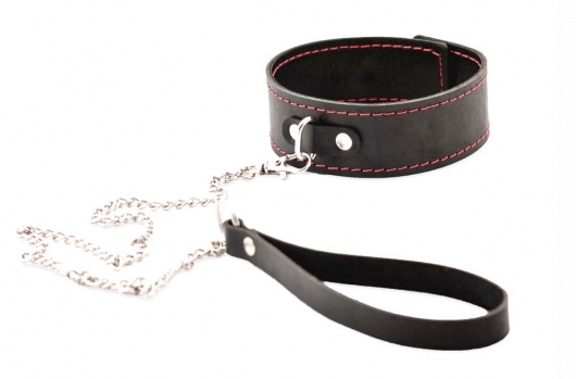 Черный широкий ошейник с красной строчкой и поводком - Crazy Handmade - купить с доставкой в Камышине