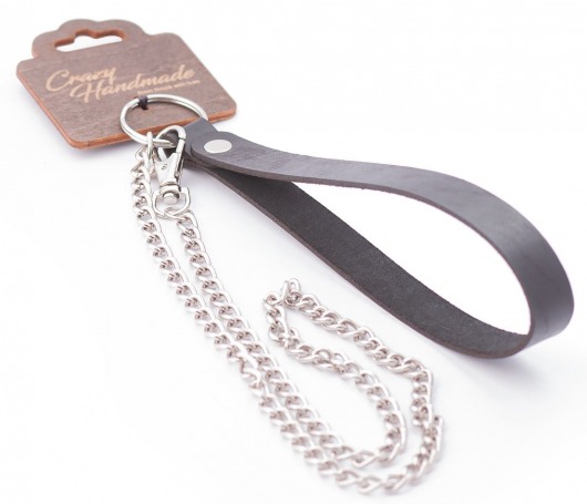 Серебристый металлический поводок с кожаной черной ручкой - 80 см. - Crazy Handmade - купить с доставкой в Камышине