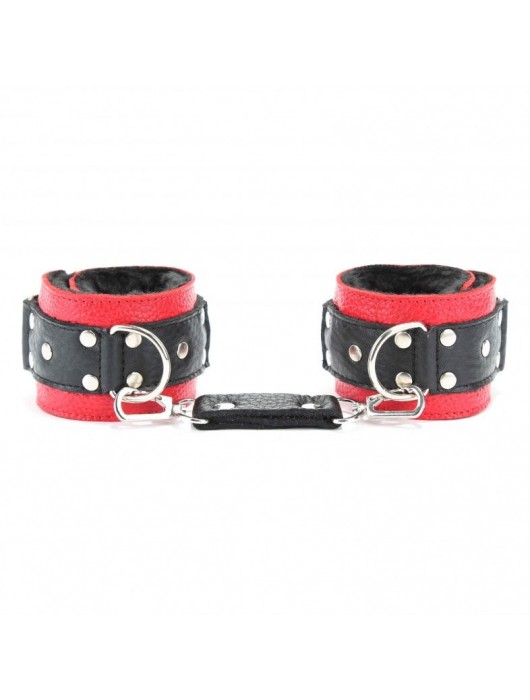 Красно-чёрные кожаные наручники с меховым подкладом - БДСМ Арсенал - купить с доставкой в Камышине