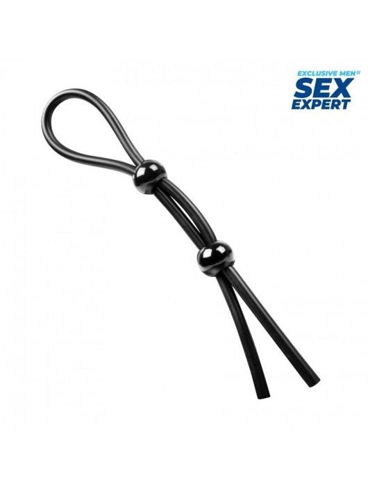 Черное силиконовое лассо с двумя шариками для утяжки - Sex Expert - в Камышине купить с доставкой
