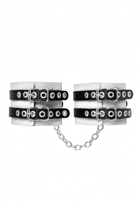 Бело-черные оковы с двумя ремешками и люверсами - Pecado - купить с доставкой в Камышине