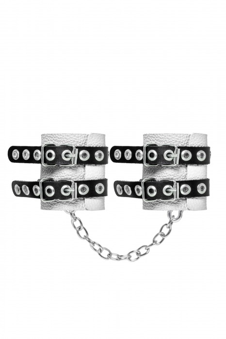 Бело-черные наручники с двумя ремешками и люверсами - Pecado - купить с доставкой в Камышине