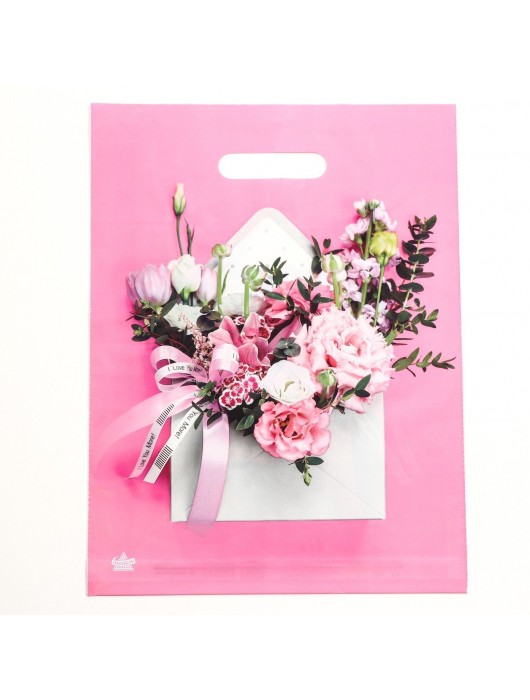 Розовый пакет с цветочным принтом и вырубной ручкой (40х31 см) - Сима-Ленд - купить с доставкой в Камышине