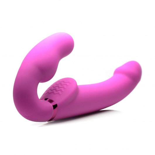 Розовый безремневой страпон с вибрацией и функцией расширения Inflatable Ergo-Fit Strapless Strap-On - XR Brands - купить с доставкой в Камышине