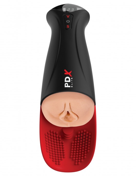 Телесный мастурбатор-вагина в черной колбе с вибрацией Fuck-O-Matic Pro XL - Pipedream - в Камышине купить с доставкой