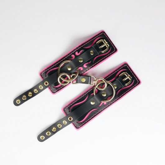 Черные кожаные наручники с розовой строчкой - Crazy Handmade - купить с доставкой в Камышине