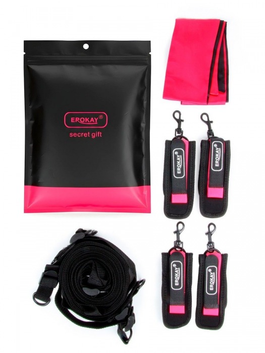 Черно-розовый эротический набор: фиксатор, оковы, наручники, повязка - Erokay - купить с доставкой в Камышине