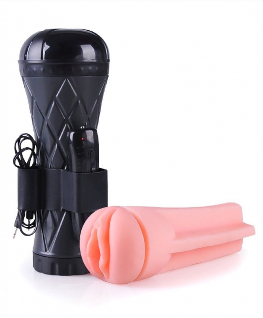 Телесный мастурбатор-вагина в черной колбе с вибрацией - Boys of Toys - в Камышине купить с доставкой