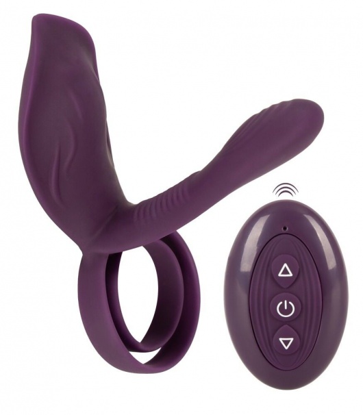 Фиолетовая насадка на член с клиторальным отростком и пультом ДУ RC Couple’s Vibrator 2 - Orion - в Камышине купить с доставкой